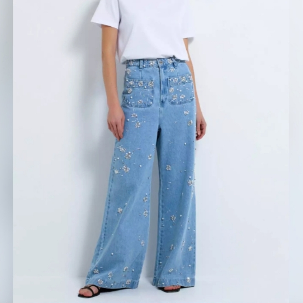 NWT PatBO Hand Beaded Wide Leg Jeans